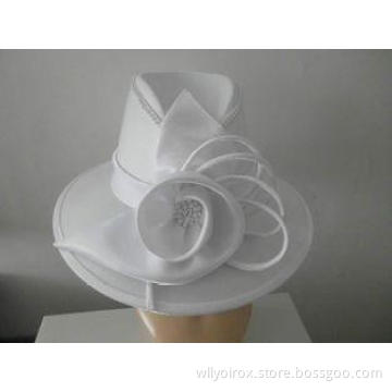Fashionable White Dressy Church Lady Hat With Rose For Deco